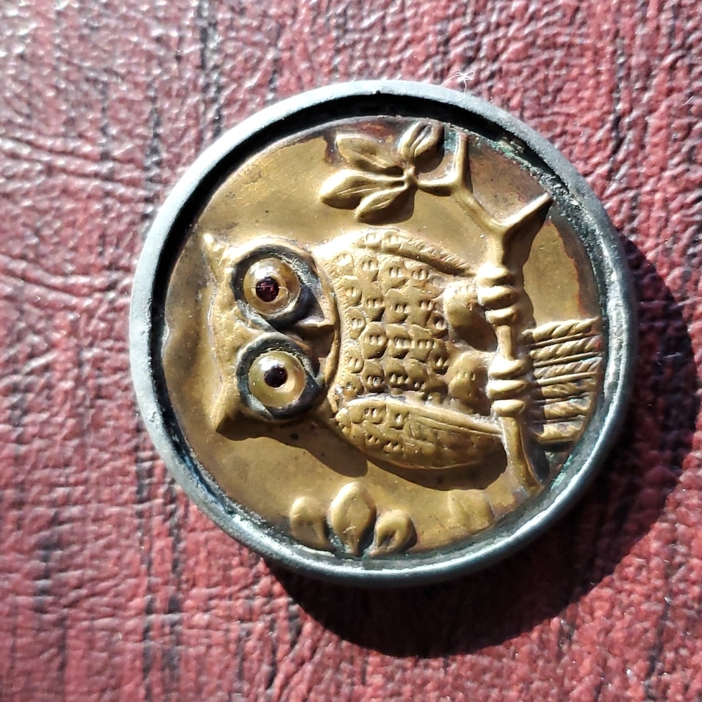 Vintage Embossed Brass Owl in Tree Pin